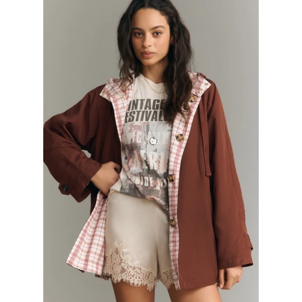 Anthropologie Maeve Reversible Hooded Trench Coat S Cocoa Brown Plaid Jacket